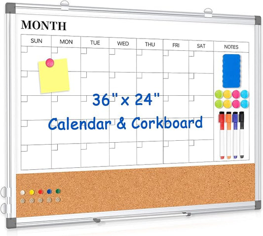 Monthly Calendar Whiteboard Dry Erase Cork Board Combo for Wall, 36" x 24" Magnetic Double-Sided Calendar White Board and Bulletin Board, Portable Board for Office, Kitchen, School, Home