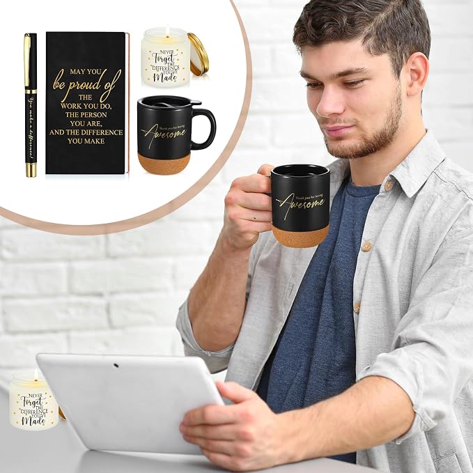 Sayglossy 4 Pcs Thank You Gifts Set for Men Back to School Teacher Appreciation Gift Leather Notebook Inspirational Coffee Mug Scented Candle Ballpoint Pen for Male Employee Coworker Nurse Boss, Black