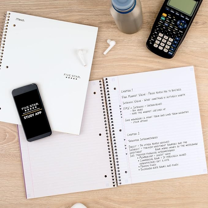 Five Star Spiral Notebook + Study App, 5 Subject, College Ruled Paper, 8-1/2" x 11", 200 Sheets, Fights Ink Bleed, Water Resistant Cover, White (72460)