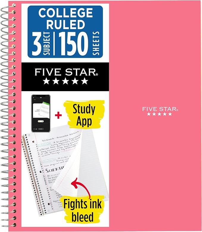 Five Star Spiral Notebook + Study App, 3 Subject, College Ruled Paper, 8-1/2" x 11", 150 Sheets, Fights Ink Bleed, Water Resistant Cover, Prom Pink (820003R)