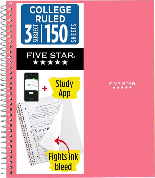 Five Star Spiral Notebook + Study App, 3 Subject, College Ruled Paper, 8-1/2" x 11", 150 Sheets, Fights Ink Bleed, Water Resistant Cover, Prom Pink (820003R)