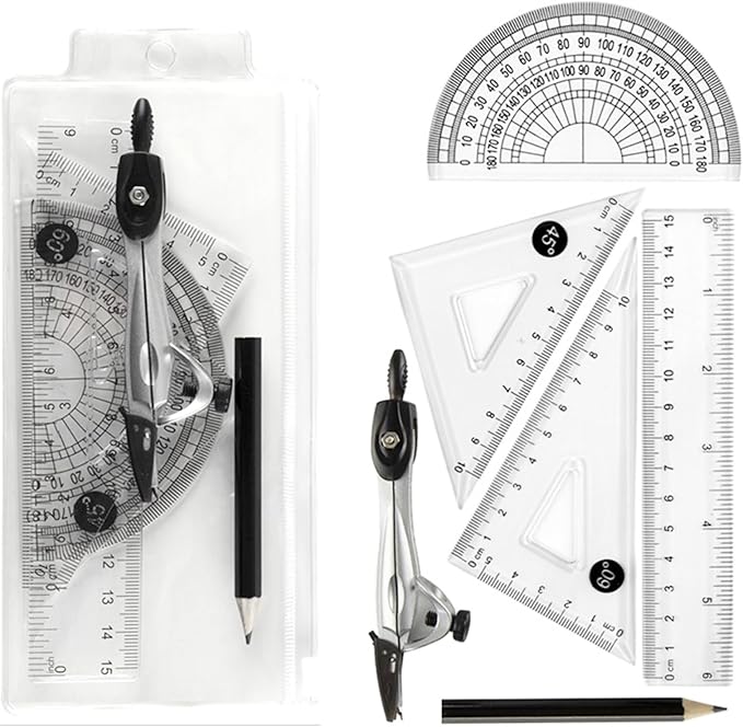 Protractor and Compass Set with Rulers, All-in-One Compass Geometry Tool Kit for Students and Technical Drawing