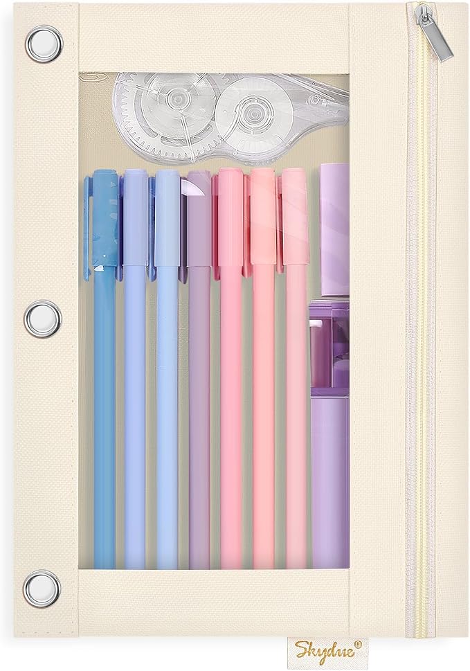 SKYDUE Pencil Pouches for 3 Ring Binder, Zipper Pencil Pouch for Girls Boys, Clear Window Pencil Bag, 3 Ring Pencil Pouch Case for Binder, Durable Organizer for School Supplies