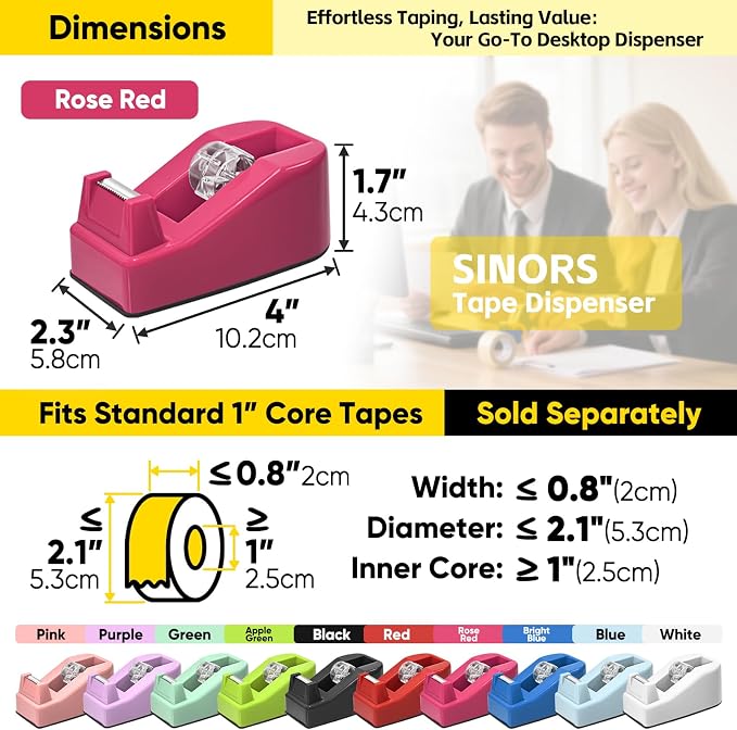 Desktop Office Tape Dispenser, Fits Standard 1-Inch Core Tapes, Weighted Non-Slip Base, Sharp Metal Blade, Smooth Cutting, Adhesive Roll Holder for Office, School, Shop, Home & Business - Rose Red