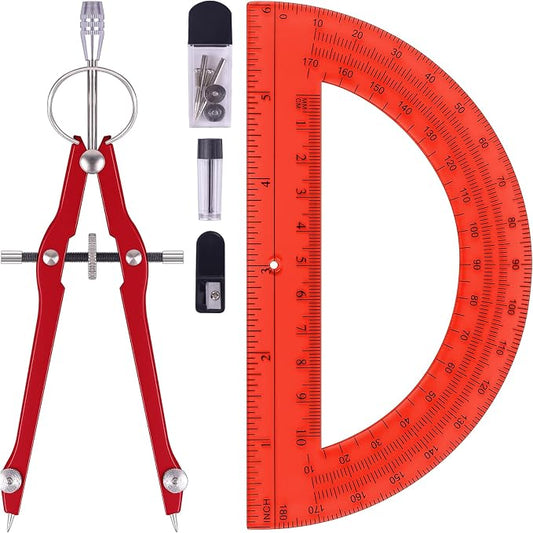 Unjoo Compass and Protractor Set, Math Compass for Geometry (Red) | Professional Drawing Compass Tool, Metal Compass with Extra Refills, 6 Inch Math Protractors 180 Degree, For School, Office
