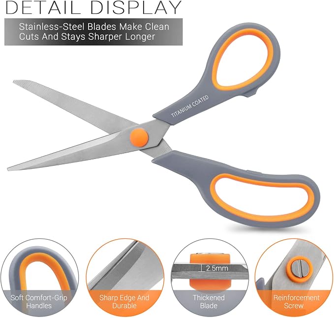 Scissors 8" Multipurpose Titanium Coated Sturdy Sharp, Gray, 1 Pack | Right/Left Handed Comfort-Grip Handles, for Office Home School, Sewing Fabric Craft Supplies