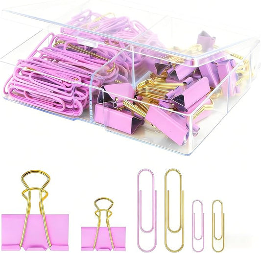 Cute Paper Clips Binder Clips Combo Set, 180 Psc, Assorted Size Paper Clips for Office, Cute Office Supplies Set,Purple