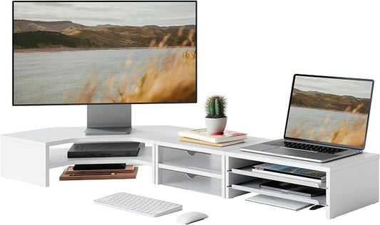 Fenge Dual Monitor Stand with Storage, Corner Desk Shelf for Top of Desk | Wooden Monitor Riser with Drawer and Slide-Out Tray, 2 Tier Storage, for Home Office, Computer, Laptop, Printer