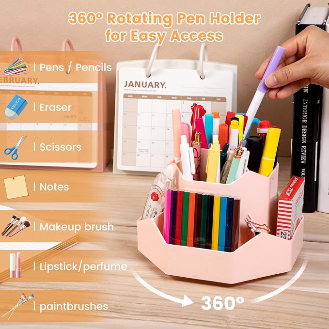 Large Rotating Pen Holder, Desk Organizer, Pink | with 9 Slots, Desktop Stationery Storage for Office, School & Home, Art Supplies Desktop Decor