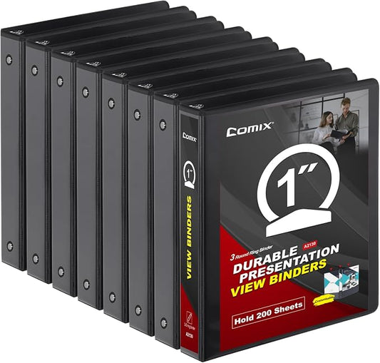 COMIX Sturdy 3 Ring Binder 1 inch with Clear View Cover, 1" Round Ring View Binder, PVC-Free, 2.4mm-Thick, 200 Sheets Capacity of US Letter Size Paper, Office ＆ School Supplies, 8 Pack (Black)
