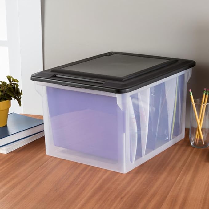 Sterilite File Box, Stackable Storage Bin with Lid, Organize Receipts, Bills, Taxes and Papers in the Home, Office, Clear Base with Black Lid, 16-Pack