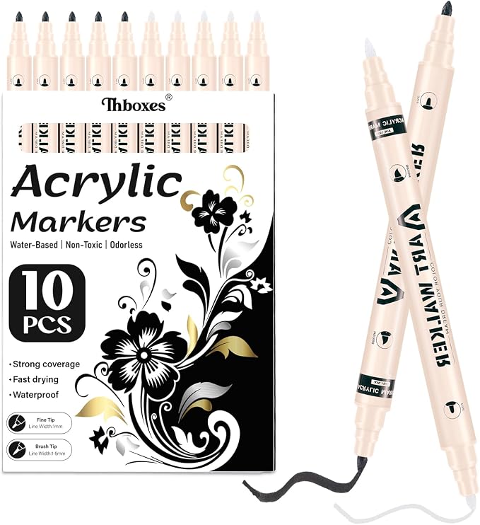 Thboxes 10 Pack Black & White Acrylic Paint Markers, Dual Tip | 1mm Fine Tip + 1–5mm Brush Tip, Water-Based Acrylic Ink, Quick-Dry,for Wood, Glass, Rock, Plastic, Canvas, Fabric