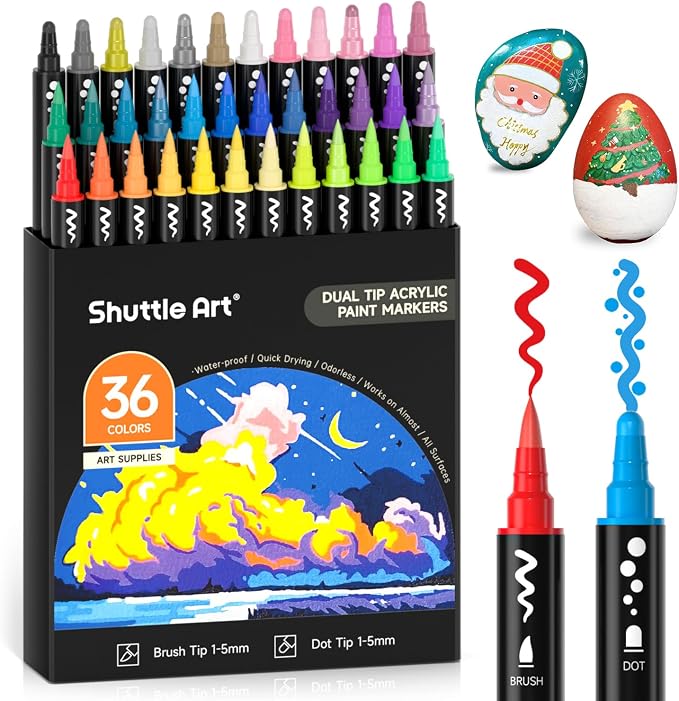 Shuttle Art 36 Colors Dual Tip Acrylic Paint Markers, Brush Tip and Dot Tip Acrylic Paint Pens for Rock Painting, Ceramic, Wood, Canvas, Plastic, Glass, Stone, Calligraphy, Card, DIY Football Crafts