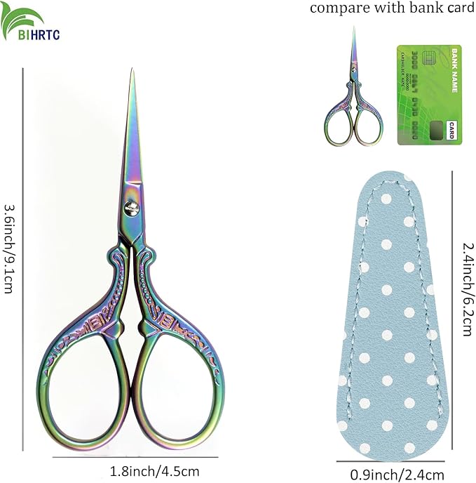 BIHRTC Small Craft 3.6inch Rainbow Scissor with Leather Cover Stainless | Steel Sharp Tip Shears Scissors for Cross Stitch Sewing Crafting Art Work Threading Needlework Knitting