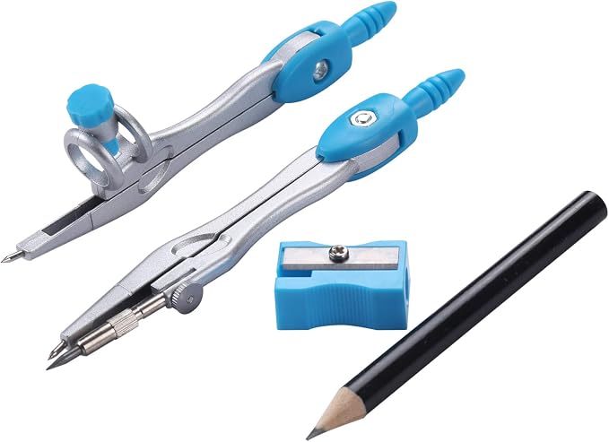 Unjoo Geometry Set 10 Pcs Student Supplies, Protractor and Compass (Blue） | Shatterproof Storage Box,Rulers,Protractor,Compass,Eraser,Pencil Sharpener,Lead Refills,Pencil,for Classroom, Back to School
