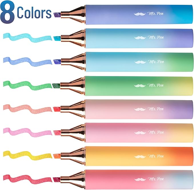 Mr. Pen- Glitter Highlighters, 8 Pack, Sunshine Colors | Chisel Tip Glitter Highlighter Markers for Journaling, Notes, Planners & Creative Highlighting