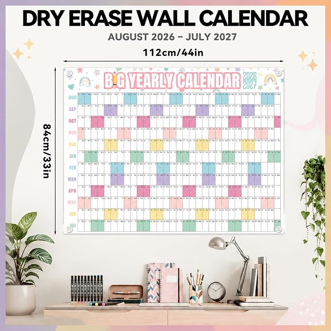 Thenshop 2026-2027 Dry Erase Wall Calendar Large 33'' x 44'' Big Academic Yearly Calendars for Wall Includes Laminated Calendar and Pins Marker for Schedule Planner Classrooms Home Office(Pastel)