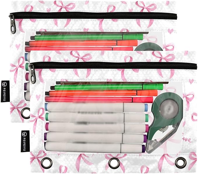 Pink Bow B Pencil Pouch for 3 Ring Binder 2 Pack Zipper Binder Pencil Bag Case with Clear Window Office Supplies