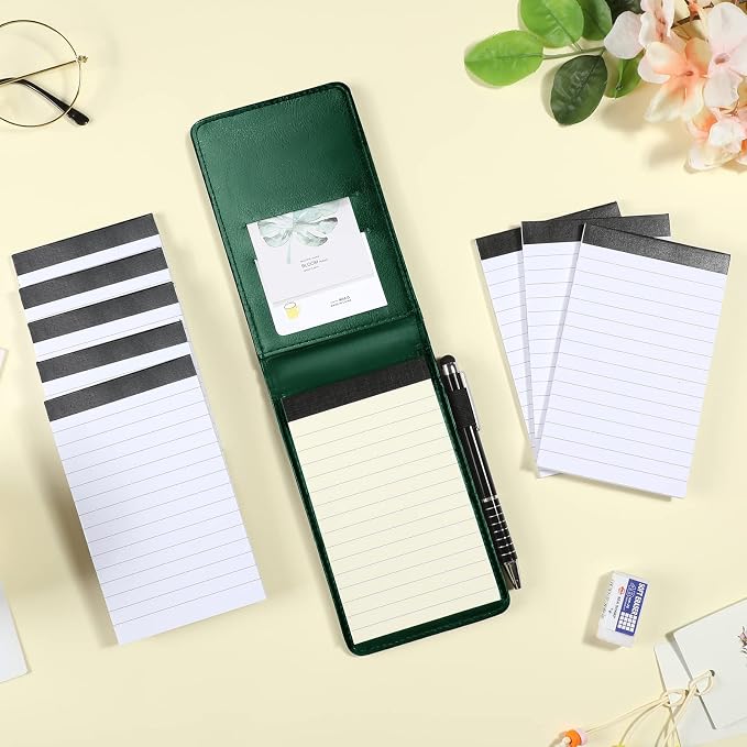 Outus 10 Pcs Mini Pocket Notepad Holder Set Included Small Leather Pocket Notebook Holder with 50 Lined Sheets, Metal Pen, 8 Pcs 3 x 5 Inch Memo Book Refills, 30 Lined Paper Per Note Pad (Green)