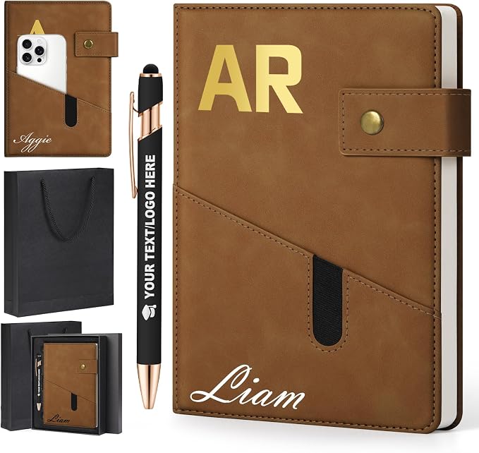 ENOMY A5 Personalized Notebook Journal with Pen & Gift Set Custom Hardcover Notebook 200 Pages Thick Daily Diary for Men Women Lined Journal for Work College Travel Writing, Brown