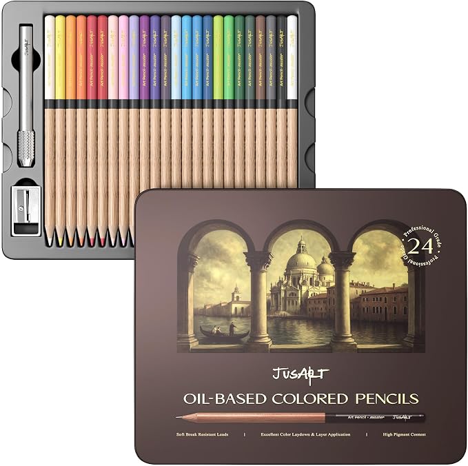 JusArt 24 Oil-Based Colored Pencils – Soft Core, Durable, Vibrant | Ultra-Smooth Oil Pastel Pencils for Adult Coloring, Portrait, Sketching, Landscape. Professional Drawing Pencils for Artists