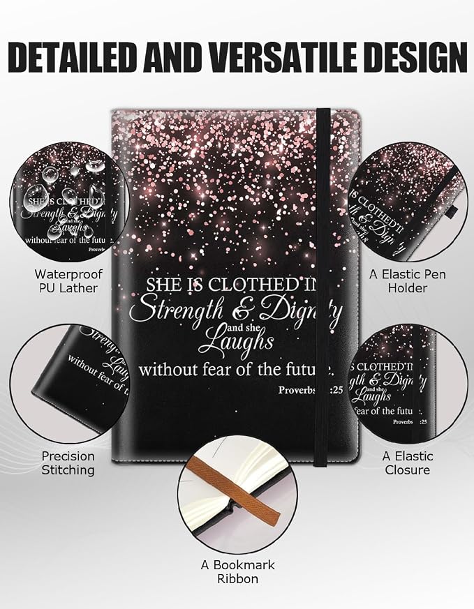 Hardcover Executive Notebooks, A5 PU Leather Lined Journal Notebook, 200 Pages Thick Paper Subject Notebooks for School,Work,Home Writing Business Notebook,Proverbs 31-25 Bible Verse Rose Gold