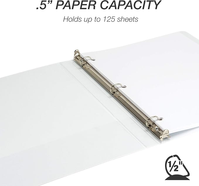 Samsill Durable 0.5 inch 3 Ring Binder, D Ring Binder, 100% Recycled Chipboard, White