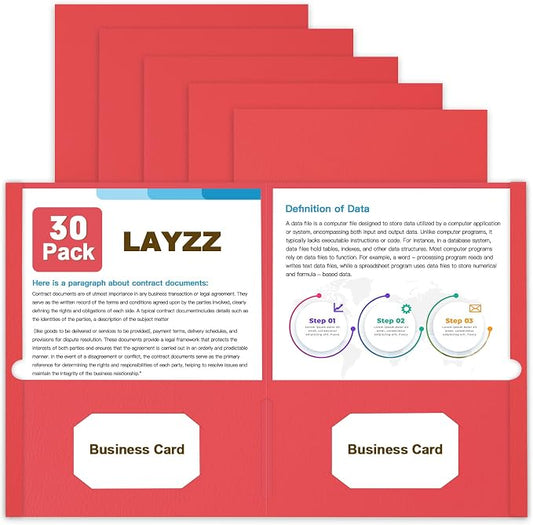Folders with Pockets, LAYZZ 30 Pack Paper Pocket Folders, 2 Pocket Folders Fits Letter Size Paper, for School Office and Home (Red)