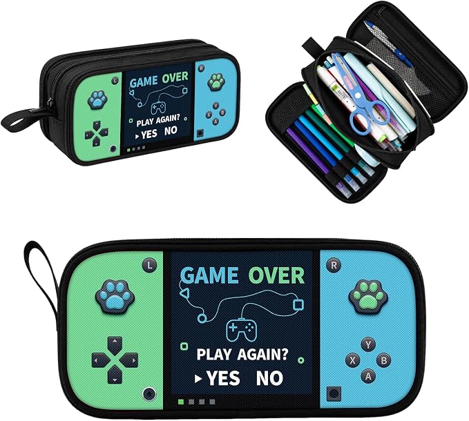 Game Controller Pencil Case for Boys Kids Teens, Large Capacity Pencil Pouch with 3 Compartments, 7 Pockets and Label Pocket for School College Office Travel (Green & Blue)
