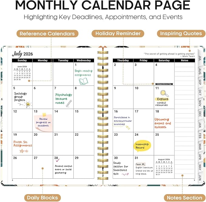 Planner 2026-2027, Academic Year Monthly and Weekly Calendar Planner, Jul 2026 - Jun 2027, Hardcover Teacher Student Planning Agenda book with Tabs, Perfect for School Office Supplies, 8.5" x 11" - Mushrooms Grove
