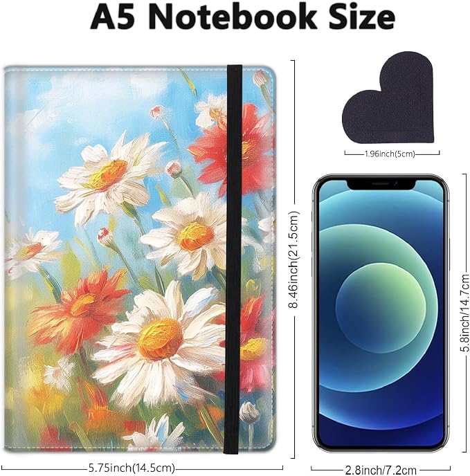 A5 Leather Lined Journal Notebook, 200 Pages Hardcover Executive Notebook for Men Women Office School Note Taking, Thick Writing Paper Daily Journal with Bookmarks/Indexes, Daisy Oil Painting