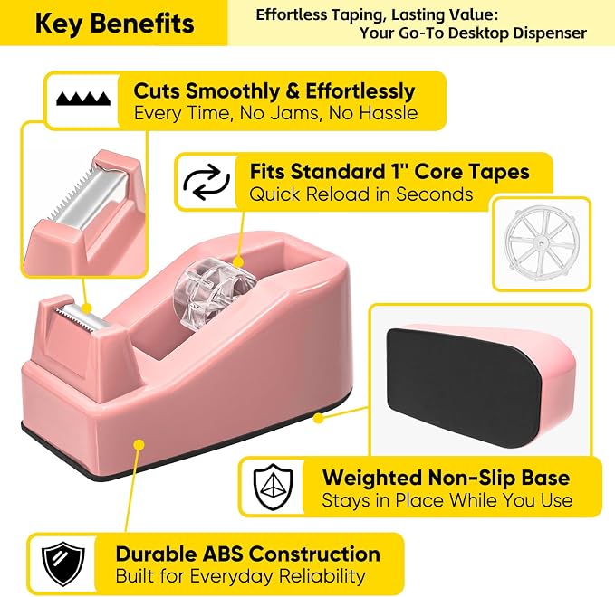 Desktop Office Tape Dispenser, Fits Standard 1-Inch Core Tapes, Weighted Non-Slip Base, Sharp Metal Blade, Smooth Cutting, Adhesive Roll Holder for Office, School, Shop, Home & Business - Pink