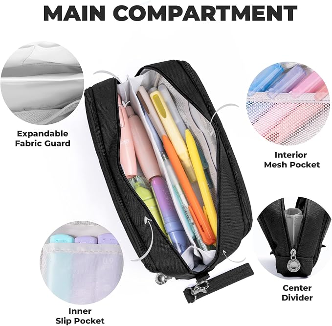 Four Candies Black Pencil Case 3 Compartment Pouch, Large Pencil Pouch for School, Girls, Teen Boys, Women, Black, Removable Handle & Zipper, Cute Pencil Bag for Office, College