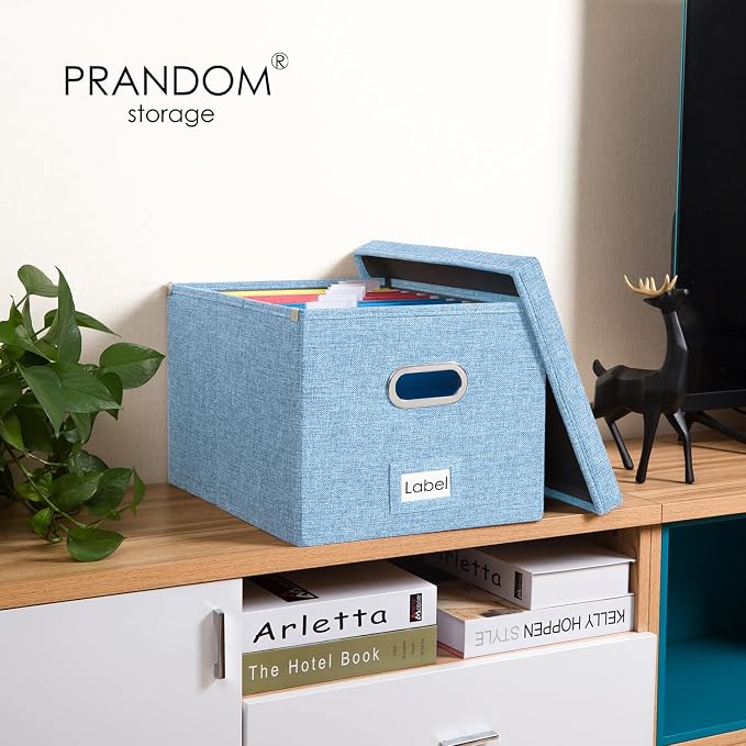 PRANDOM File Organizer Box - Set of 2 Collapsible Decorative Linen Filing Storage with Lids Office Cabinet Letter/Legal Size Blue (17x14x11.2 inch)