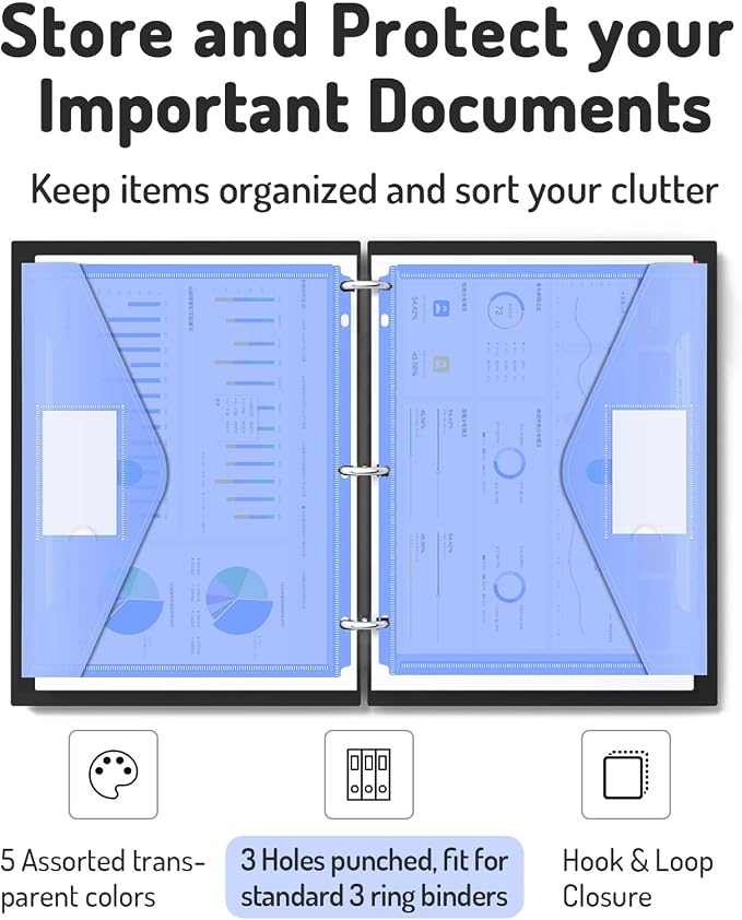 Forvencer Binder Pocket, 36 Pack Super Heavyweight Poly Binder Pocket with Tight Closure, Binder Folders Side Loading, 3 Ring Binder Pocket, Binder Dividers with Pockets, Letter Size, Assorted Colors
