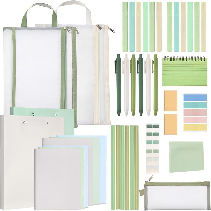 Colarr 54 Pcs Aesthetic College School Supplies Back to School Set,Green | 3 A5 + 3 B5 Lined Notebook, 12 Gel Pen, 12 Pencil, 12 Highlighter, Sticky Tabs, Folder Storage Bag, Journal Stationery Set