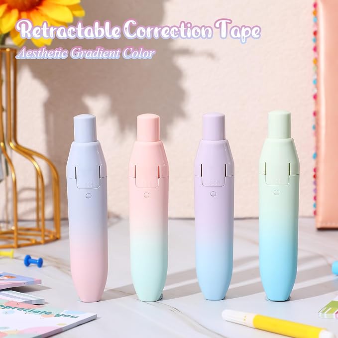 4 Pcs Quick Dry Correction Tape Aesthetic Gradient Color Refillable Retractable Mini Small Correction Tape Cute Correction Pen Kawaii Japanese Office Supplies Easy to Use Applicator for School