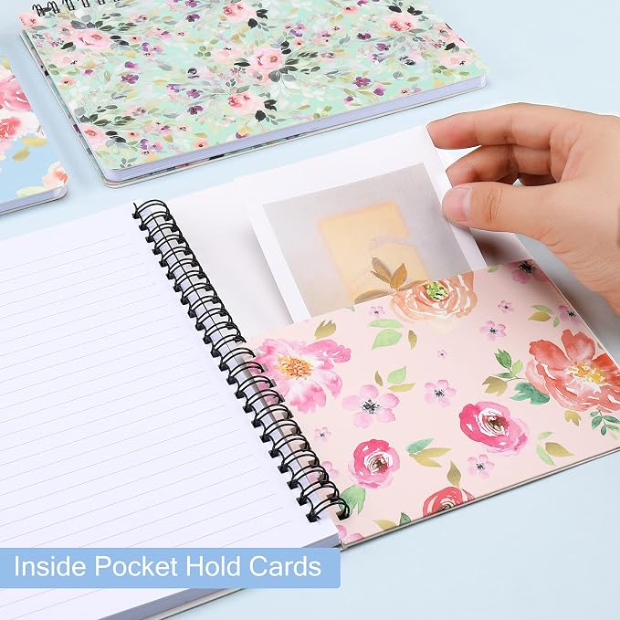 Spiral Notebook 5×7 Inch, 4 Pack Small Writing Journals College Ruled Hardcover Floral Notebook for School Supplies Studio Girls Women, Inner Pocket, 80 Sheets/160 Pages, B6 Size