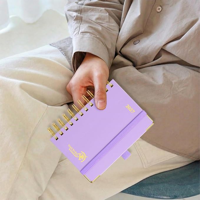 POPRUN 2027 Daily Planner One Page Per Day, Small 4.25" x 6.25", Calendar Book from Jan 2027 - Dec 2027, Hardcover Appointment Book with Hourly Time Slots, Spiral Bound - Light Pink