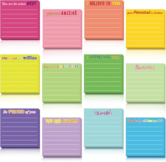 Yinder 12 Pcs Inspirational Sticky Notes, Back to School Supplies, Cute Motivational Sticky Notes Pad Employee Appreciation Gifts Bulk for Teacher Coworker Office 3 x 3'' (Appreciation,Classic Color)