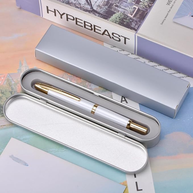 Jinhao 10 Press Fountain Pen with Box, Pearl White Retractable Fine Nib with Converter Set (Golden Clip)