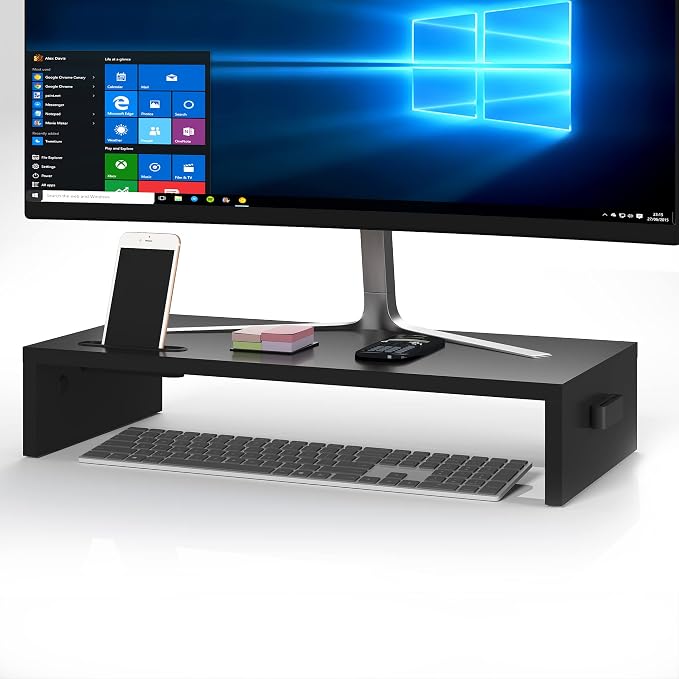 1home Ergonomic Monitor Stand Riser, 21.3 Inch Wood Desktop Stand with Cellphone Holder and Cable Management, Black | Wood Desktop Organizer with Cellphone Holder and Cable Management for PC, Laptop, Printer and Home Office Workspace