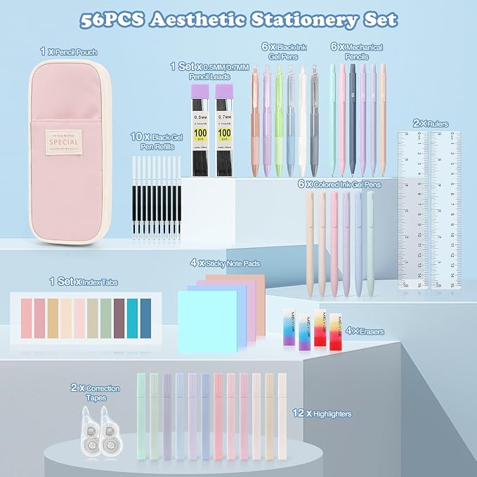 MoKo Pencil Case with Supplies, 56Pcs Aesthetic School Set, Pink | Includes 12 gel pens, 12 highlighters, 6 mechanical pencils, refills, sticky notes, index tabs, rulers and correction tapes.