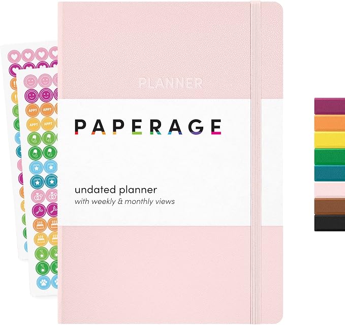 PAPERAGE Undated Weekly & Monthly Hardcover Planner (Blush), 5.6 in x 8 in, Includes Lined Note Pages & 2 Sticker Sheets