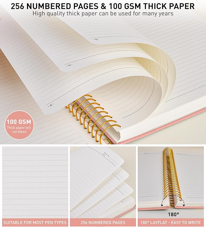 A4 Spiral Notebook Journal 8.5” x 11”, 256 Numbered Pages Hardcover Leather Journals for Women Men, Large Lined College Ruled Notebooks, 100GSM Thick Paper, Spiral Bound Journal for Work School, Pink