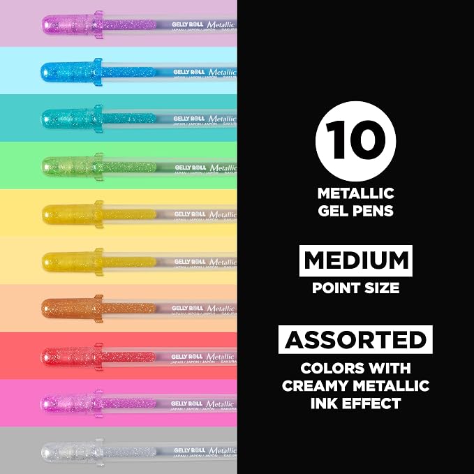 SAKURA Gelly Roll Metallic Gel Pens - Pens For Scrapbook, Journals or Drawing - Art Gifts, Holiday Gifts & DIY Projects - Colored Metallic Ink - Medium Line - 10 Pack