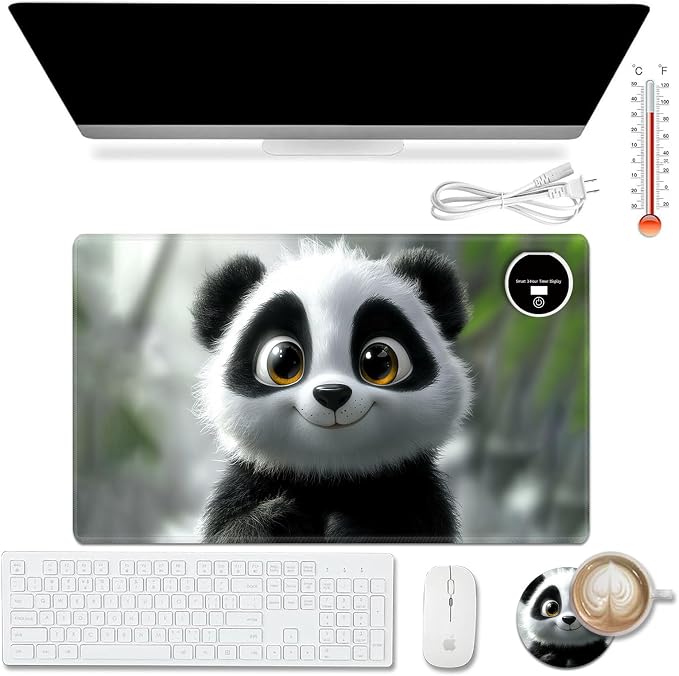 Heated Desk Pad Mouse Pad,Heated Desk Mat,with 3 Heating Levels & 3 Hours Auto Shut-Off,Leather 23.6"*14.2" Gaming Mouse Laptop Mat,Foot Warmer,Cute Panda Snow