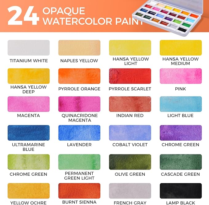 Fuumuui 24-Color Opaque Semi-Solid Watercolor Set – High-Saturation Bright Colors Art Supplies with Strong Coverage and Rich Pigments for Artists Beginner Painters Amateur Hobbyists Painting