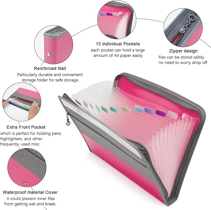 NAFY Expanding File Folder, 13 Pockets Document Organizer with Zipper, A4 Letter Size Portable Accordion Expanding File Folders with 27pcs Multicolor Labels for Home Office School Supplies (Pink)