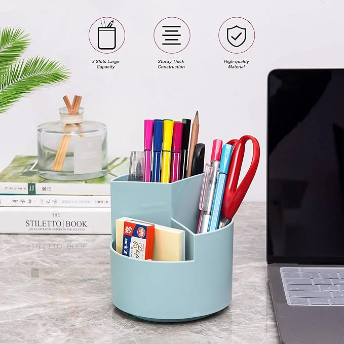 Siveit Desk Pencil Pen Holder, Desk Organizers 3 Slots 360-Degree Rotating Pen Holder for Desktop Storage Stationery Supplies Organizer, Home, Office, School, Kids, Blue
